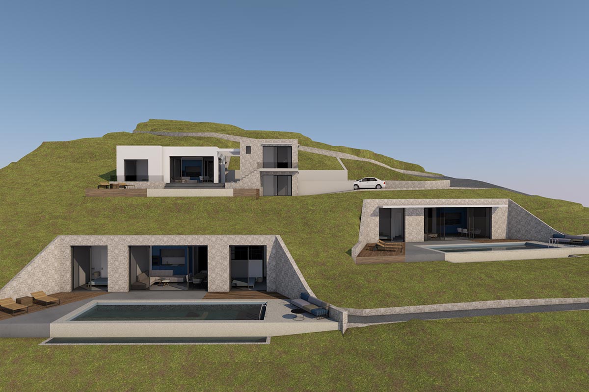 Ανέγερση δύο υπόσκαφων κατοικιών με πισίνα και μιας κατοικίας με φυτεμένο δώμα και ξενώνα με πισίνα